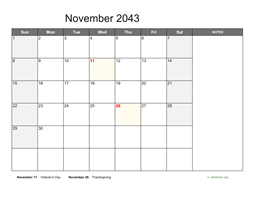 November 2043 Calendar with Notes