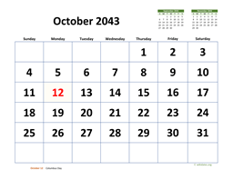 October 2043 Calendar with Extra-large Dates