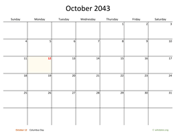 October 2043 Calendar with Bigger boxes