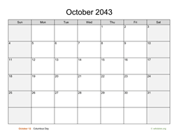 October 2043 Calendar with Weekend Shaded