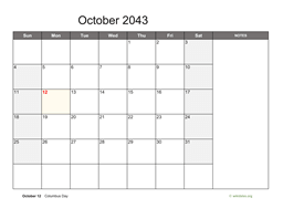 October 2043 Calendar with Notes