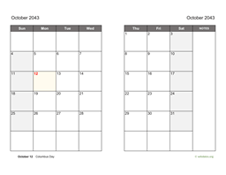 October 2043 Calendar on two pages