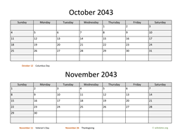 October and November 2043 Calendar