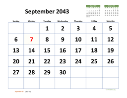 September 2043 Calendar with Extra-large Dates