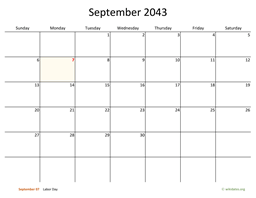 September 2043 Calendar with Bigger boxes