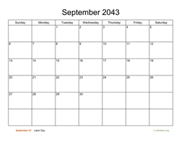 Basic Calendar for September 2043