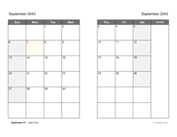 September 2043 Calendar on two pages
