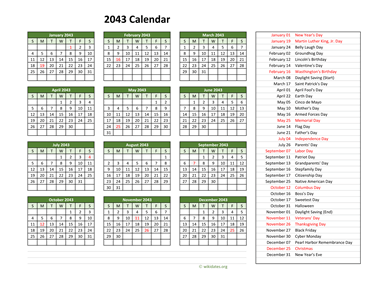 2043 Calendar with US Holidays