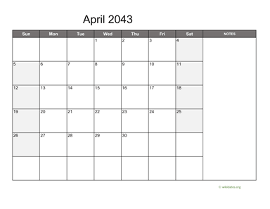 April 2043 Calendar with Notes