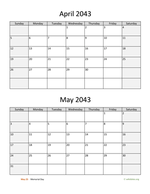 April and May 2043 Calendar Vertical