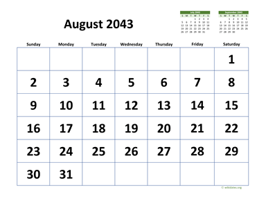 August 2043 Calendar with Extra-large Dates