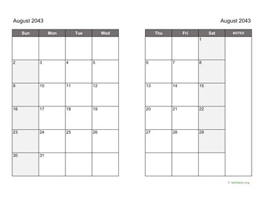 August 2043 Calendar on two pages