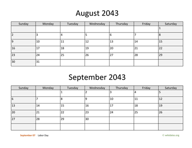 August and September 2043 Calendar Horizontal