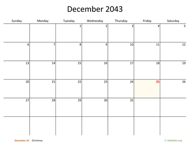 December 2043 Calendar with Bigger boxes
