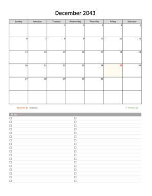 December 2043 Calendar with To-Do List