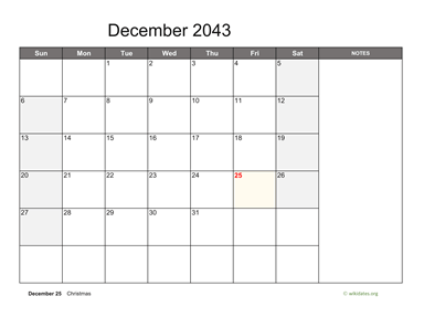 December 2043 Calendar with Notes