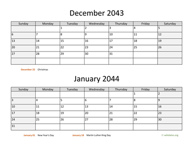 December 2043 and January 2044 Calendar Horizontal