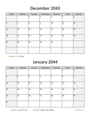 December 2043 and January 2044 Calendar Vertical