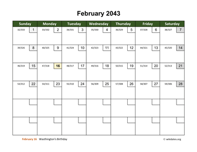 February 2043 Calendar with Day Numbers