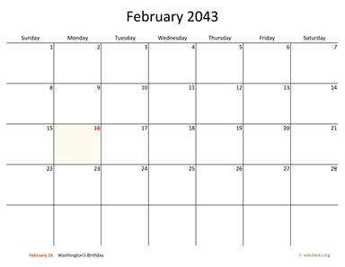 February 2043 Calendar with Bigger boxes