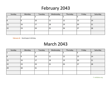 February and March 2043 Calendar Horizontal