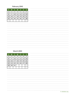 February and March 2043 Calendar with Notes