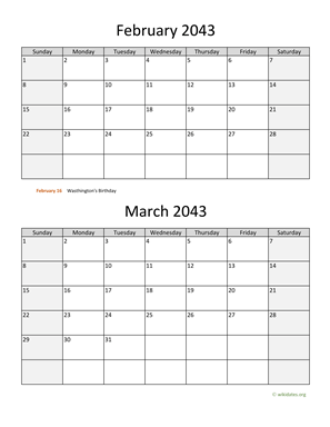 February and March 2043 Calendar Vertical