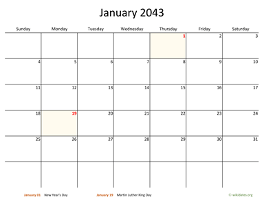 January 2043 Calendar with Bigger boxes