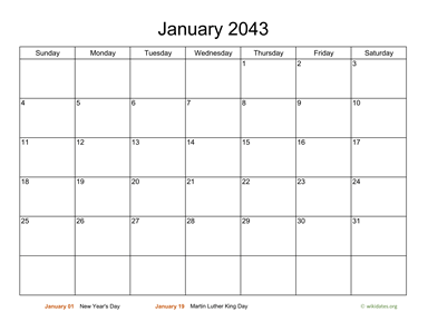 Basic Calendar for January 2043