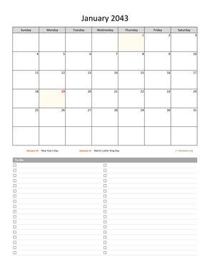 January 2043 Calendar with To-Do List