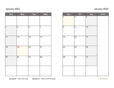 January 2043 Calendar on two pages