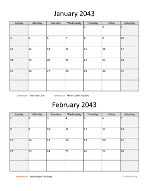 January and February 2043 Calendar Vertical