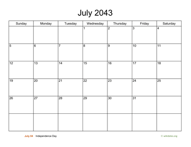 Basic Calendar for July 2043