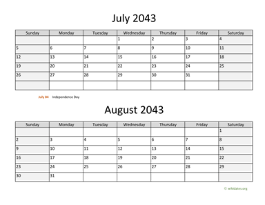 July and August 2043 Calendar Horizontal