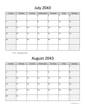 July and August 2043 Calendar Vertical