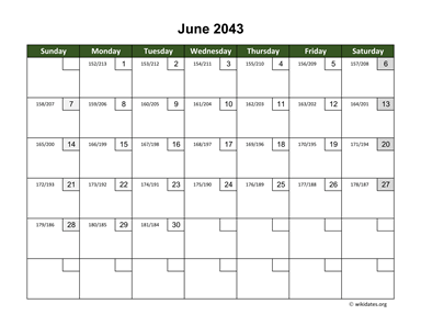 June 2043 Calendar with Day Numbers