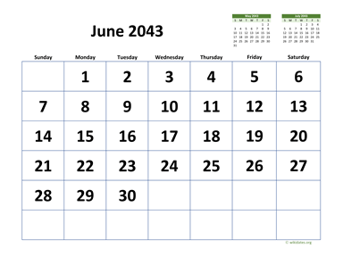 June 2043 Calendar with Extra-large Dates