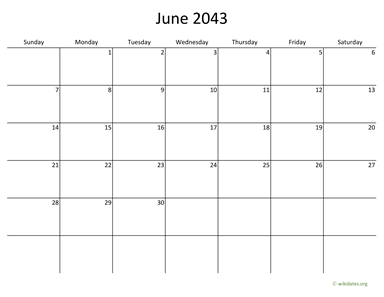 June 2043 Calendar with Bigger boxes