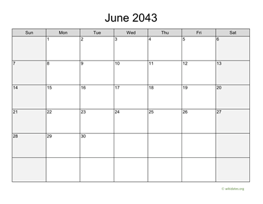June 2043 Calendar with Weekend Shaded