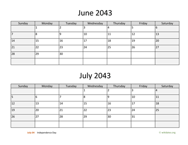 June and July 2043 Calendar Horizontal