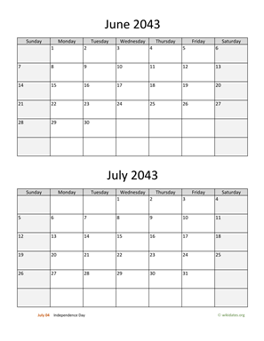 June and July 2043 Calendar Vertical