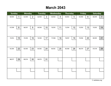 March 2043 Calendar with Day Numbers