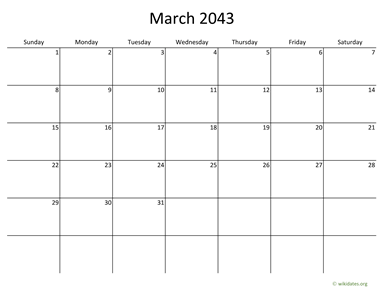 March 2043 Calendar with Bigger boxes