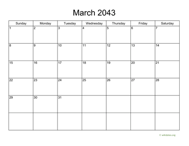 Basic Calendar for March 2043