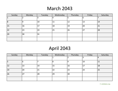 March and April 2043 Calendar Horizontal