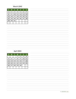 March and April 2043 Calendar with Notes