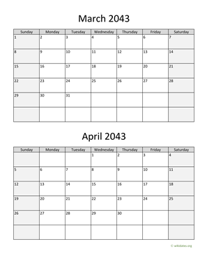 March and April 2043 Calendar Vertical