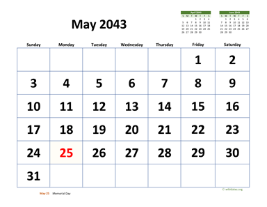 May 2043 Calendar with Extra-large Dates