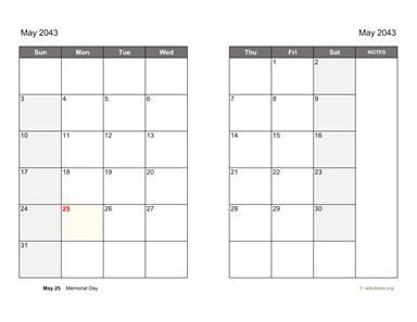 May 2043 Calendar on two pages