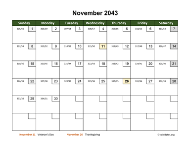 November 2043 Calendar with Day Numbers